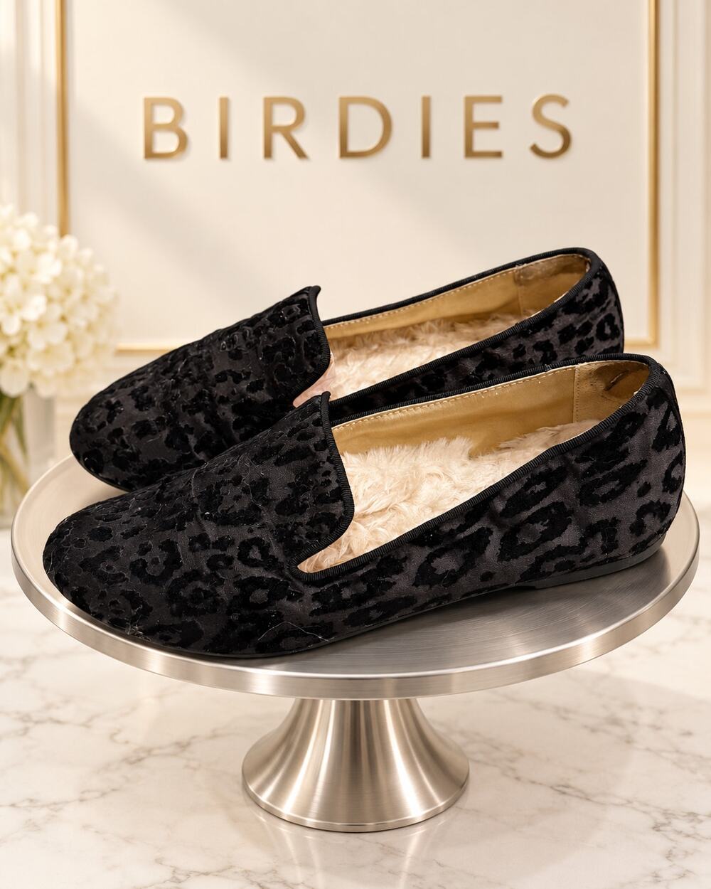 Birdies Black Leopard Velvet Faux Fur Loafers Women’s 6